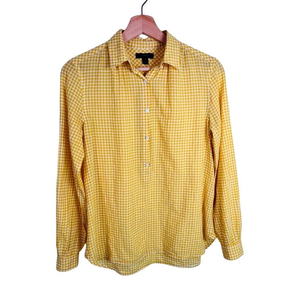 J.Crew Women's Size 0 Sunflower Yellow Gingham Popover Long Sleeve Shirt Blouse